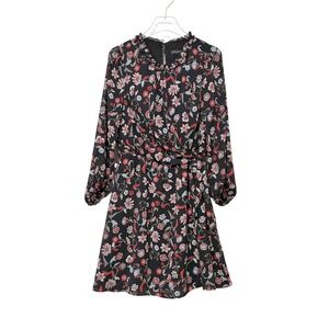 Banana Republic Womens Black Floral Print Long Sleeve Ruffle Neck Dress S. 12 B6